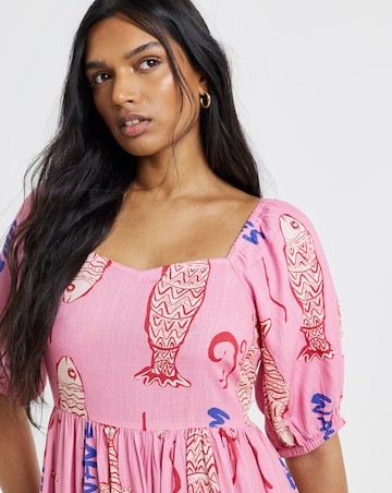 Sardine Print Linen Midi Dress