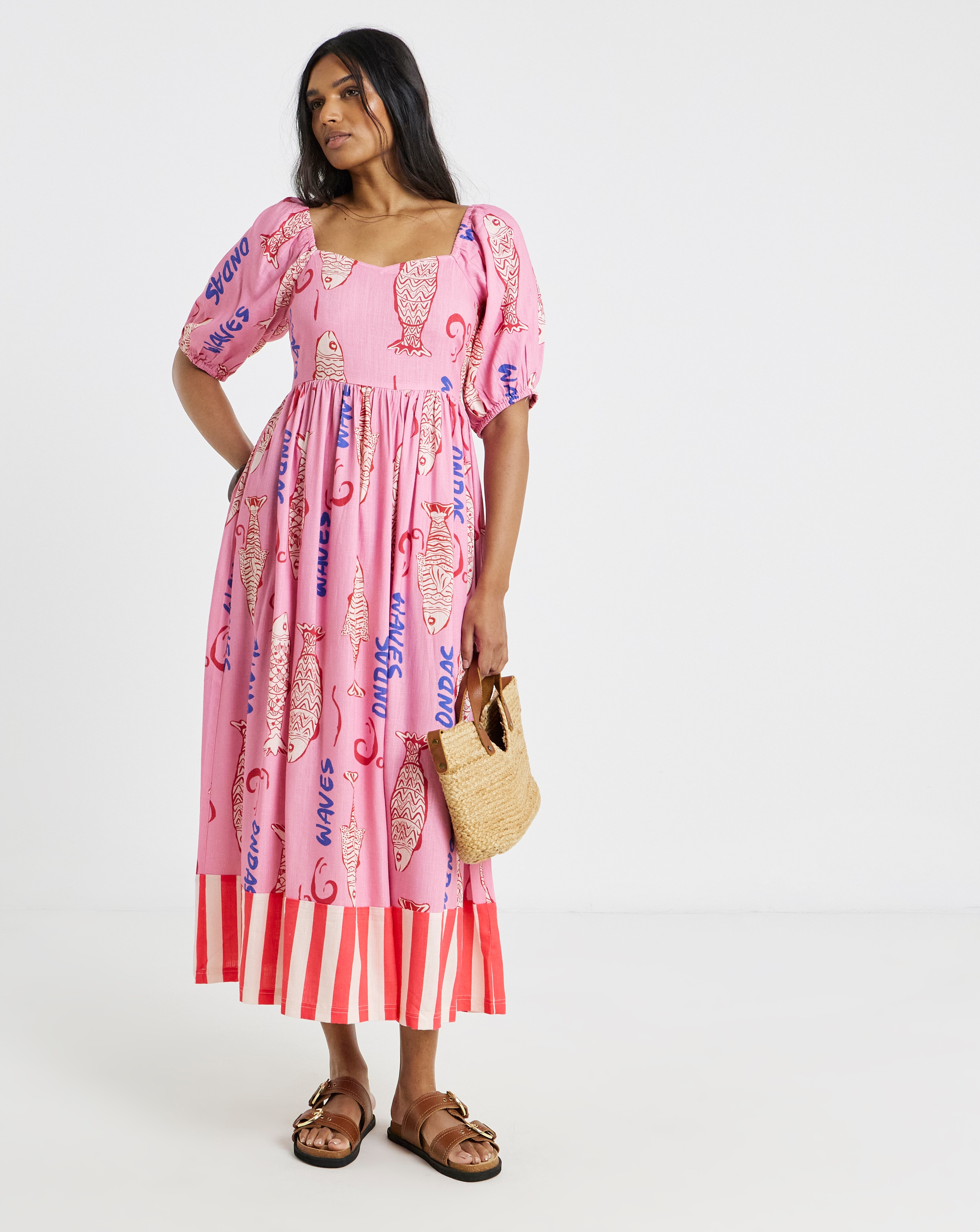 New In - Sardine Print Linen Midi Dress