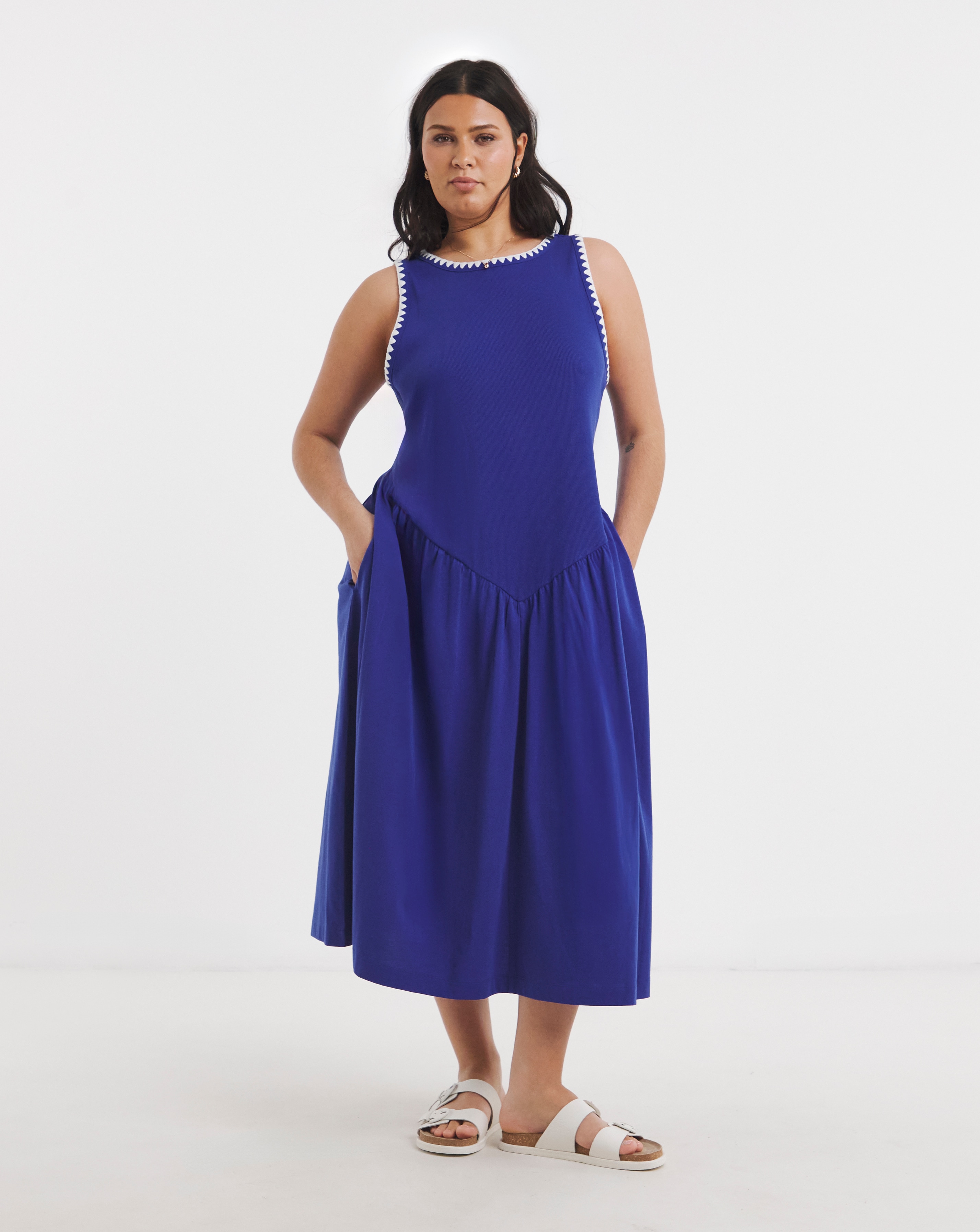 New In - Jersey Mix Midi Dress With Whipstitch