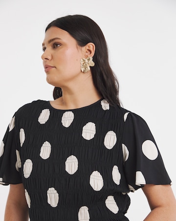 Mono Spot Print Spun Viscose Asymm Shirred Midi Dress