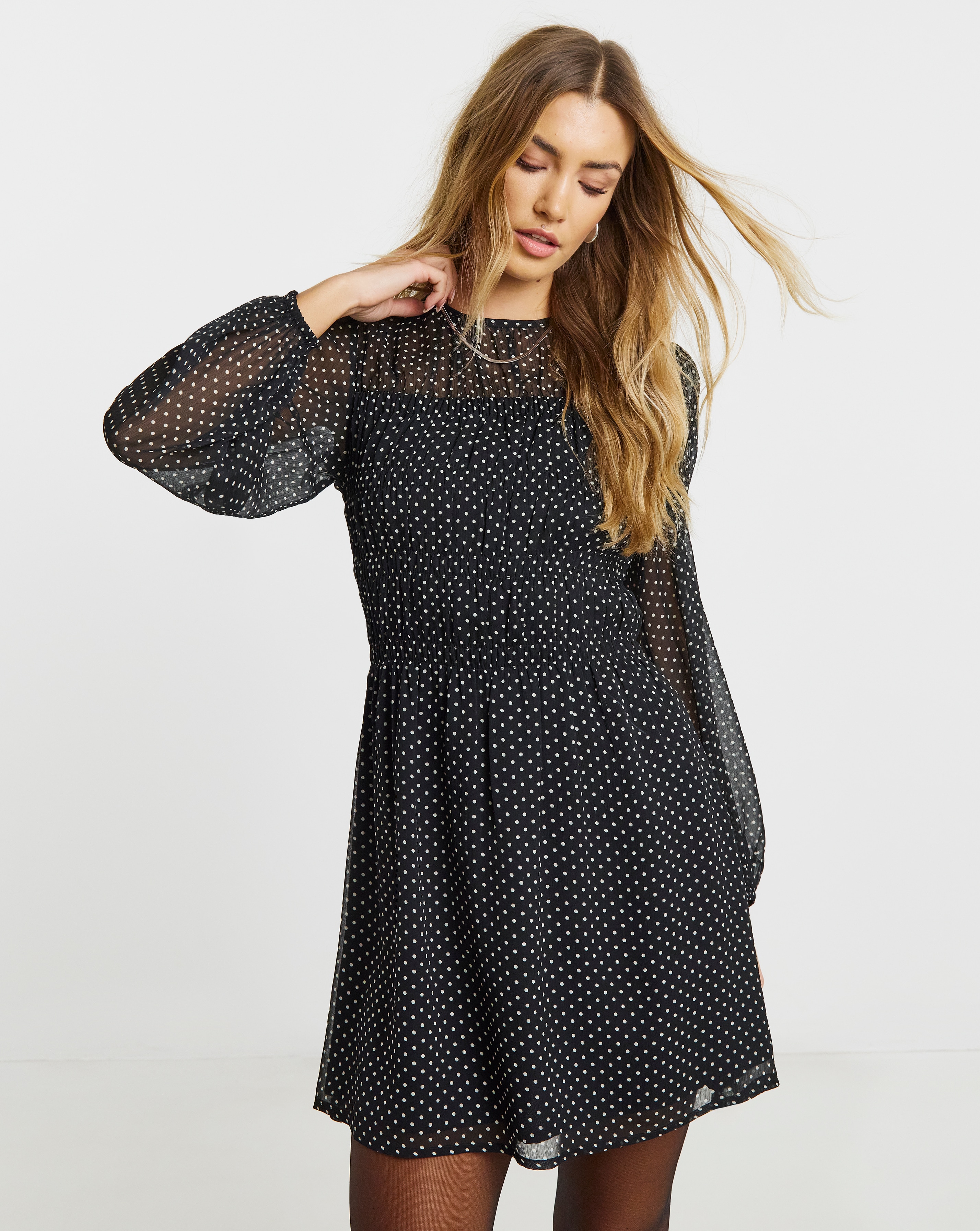 New In - Mono Spot Print Shirred Skater Dress