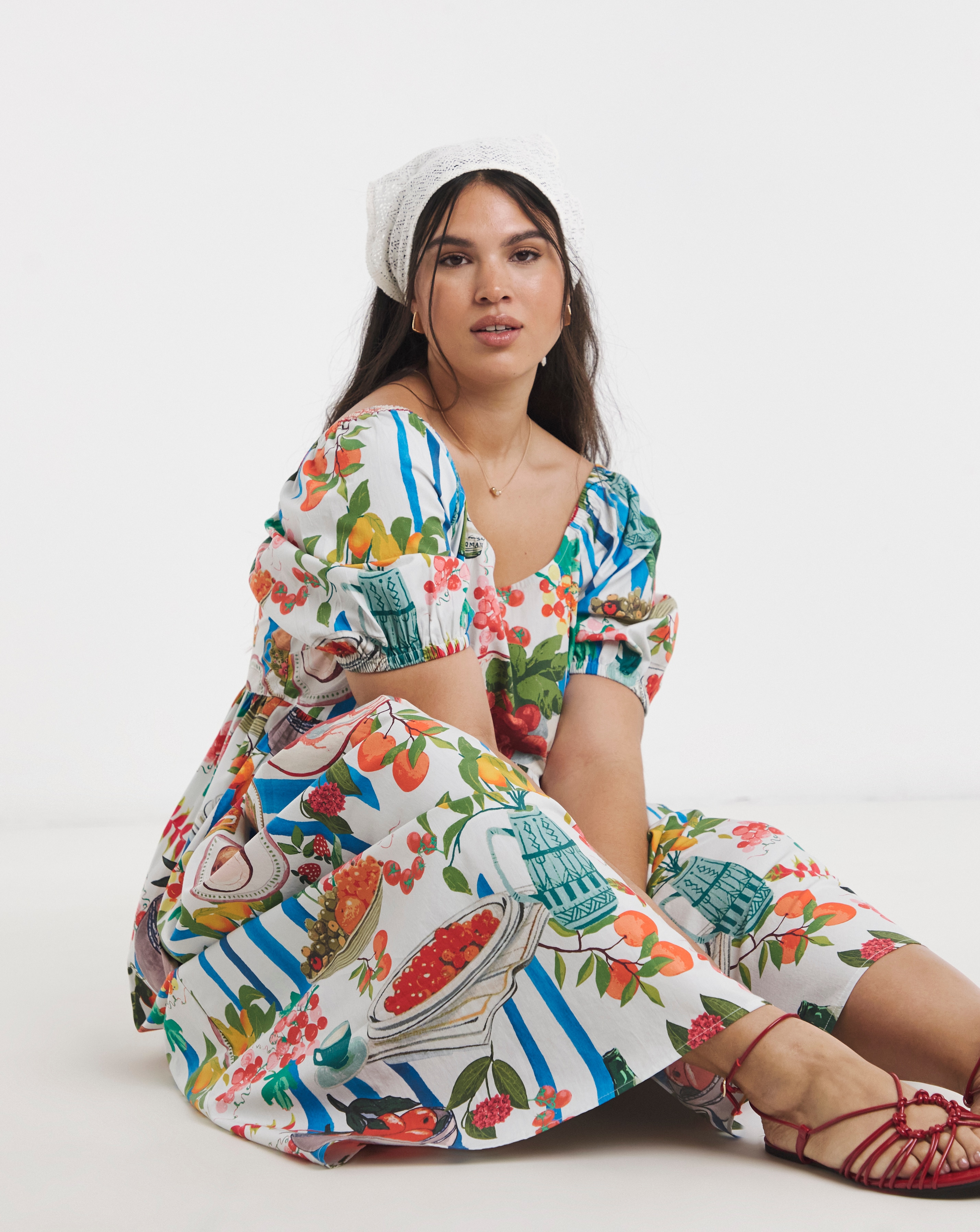 New In - Fruit Print Cotton Midi Dress