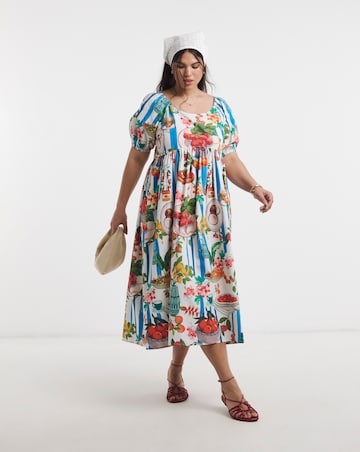 Fruit Print Cotton Midi Dress