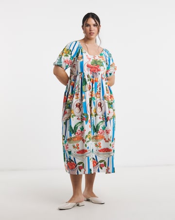 Fruit Print Cotton Midi Dress