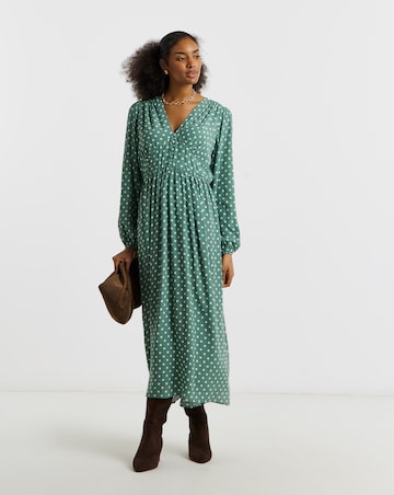 Green Spot Printed Waist Detail Midi Dress