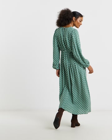 Green Spot Printed Waist Detail Midi Dress