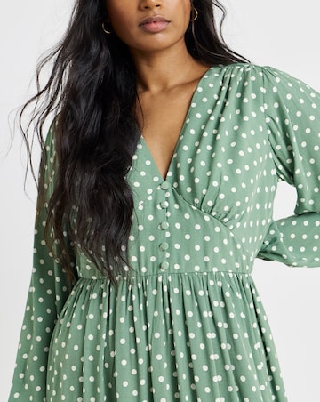 Green Spot Printed Waist Detail Midi Dress