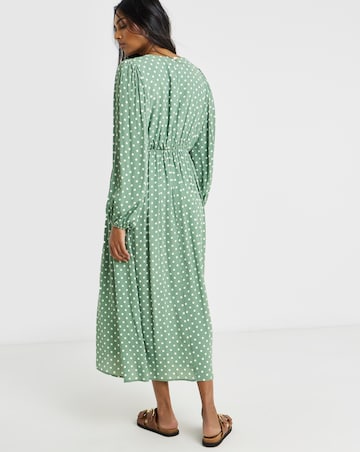 Green Spot Printed Waist Detail Midi Dress