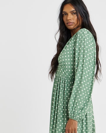 Green Spot Printed Waist Detail Midi Dress