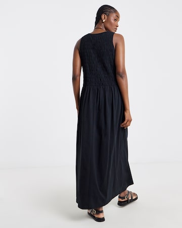 Black Shirred Jersey Midi Dress