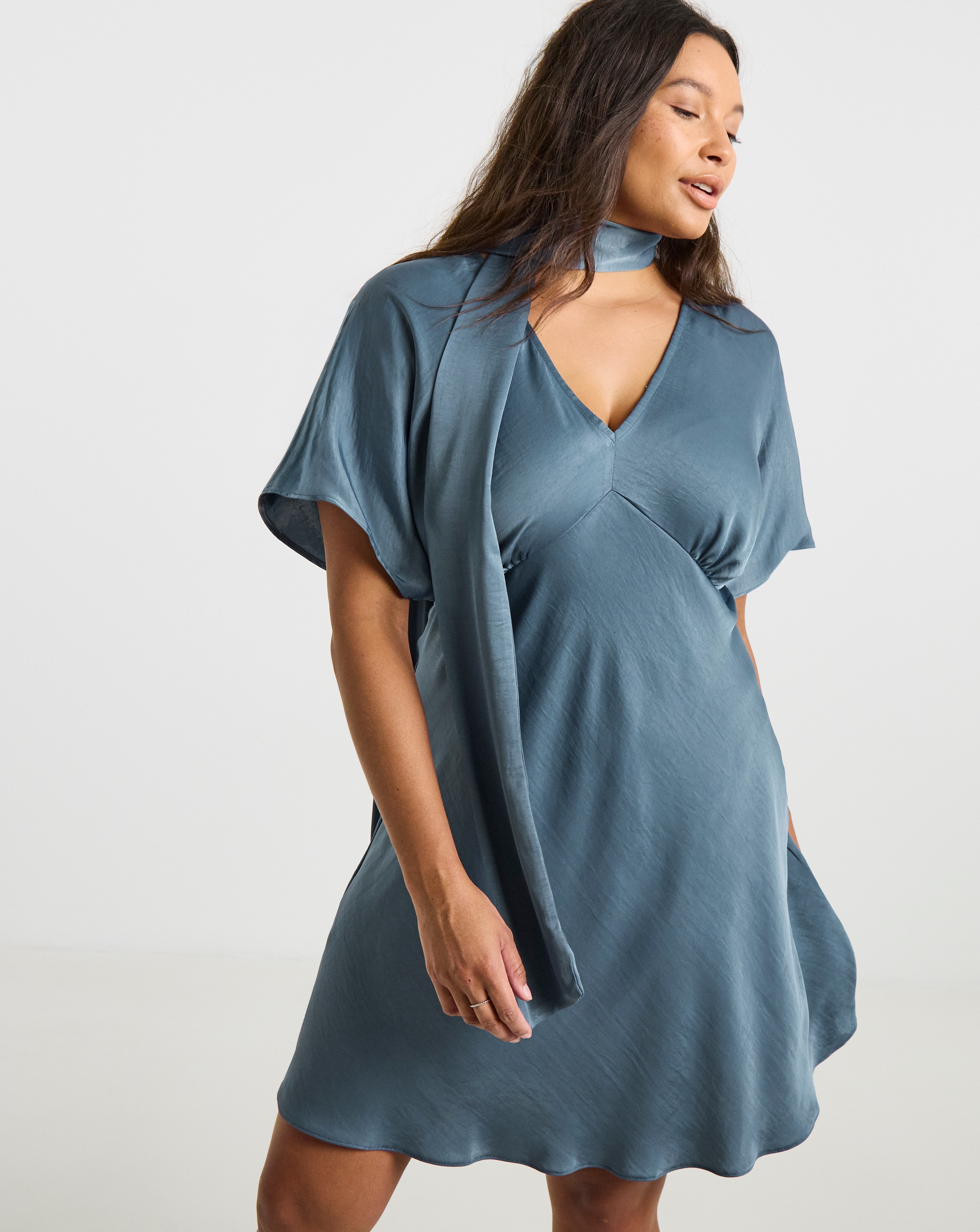 Short Sleeve Satin Scarf Detail Dress