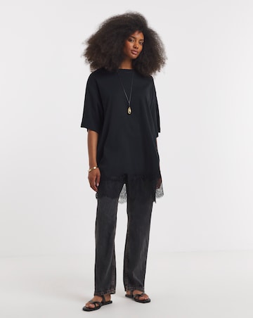Black Lace Hem Asymmetric T-Shirt Dress