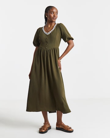 Khaki Historic Detail Midi Dress With Ribbon Trim