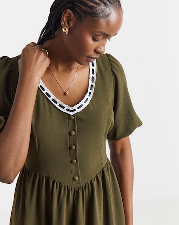 Khaki Historic Detail Midi Dress With Ribbon Trim