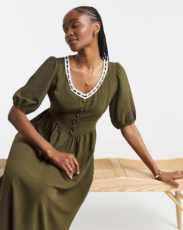 Khaki Historic Detail Midi Dress With Ribbon Trim