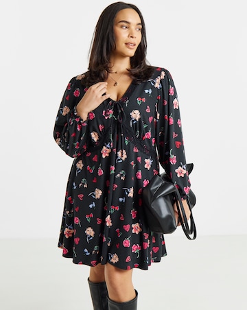 Simply Be Black Floral Lace Trim Supersoft Skater Dress