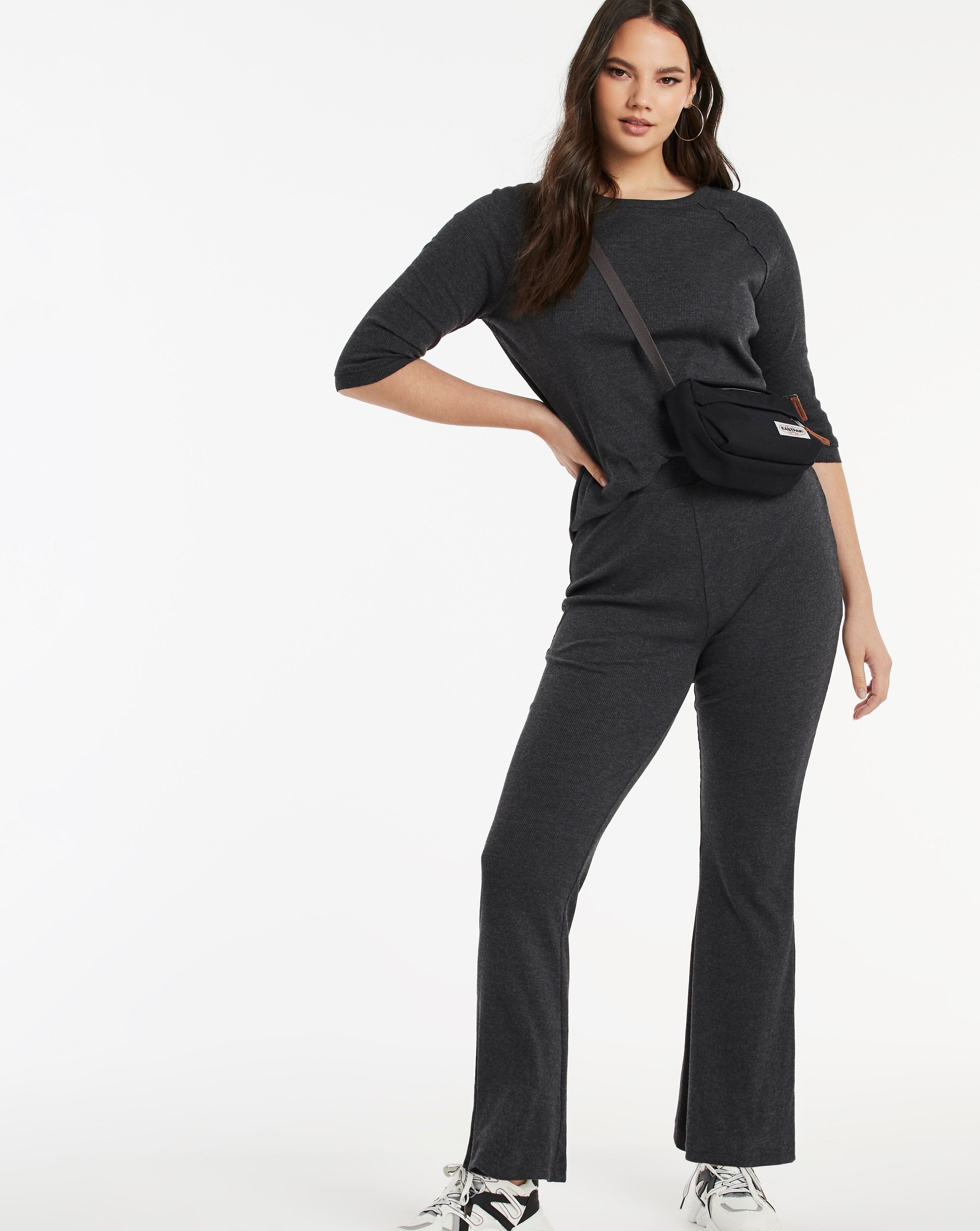 Charcoal Marl Ribbed Wide Leg Trousers 