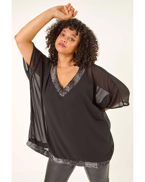 Roman Curve Sequin Trim V-Neck Kaftan