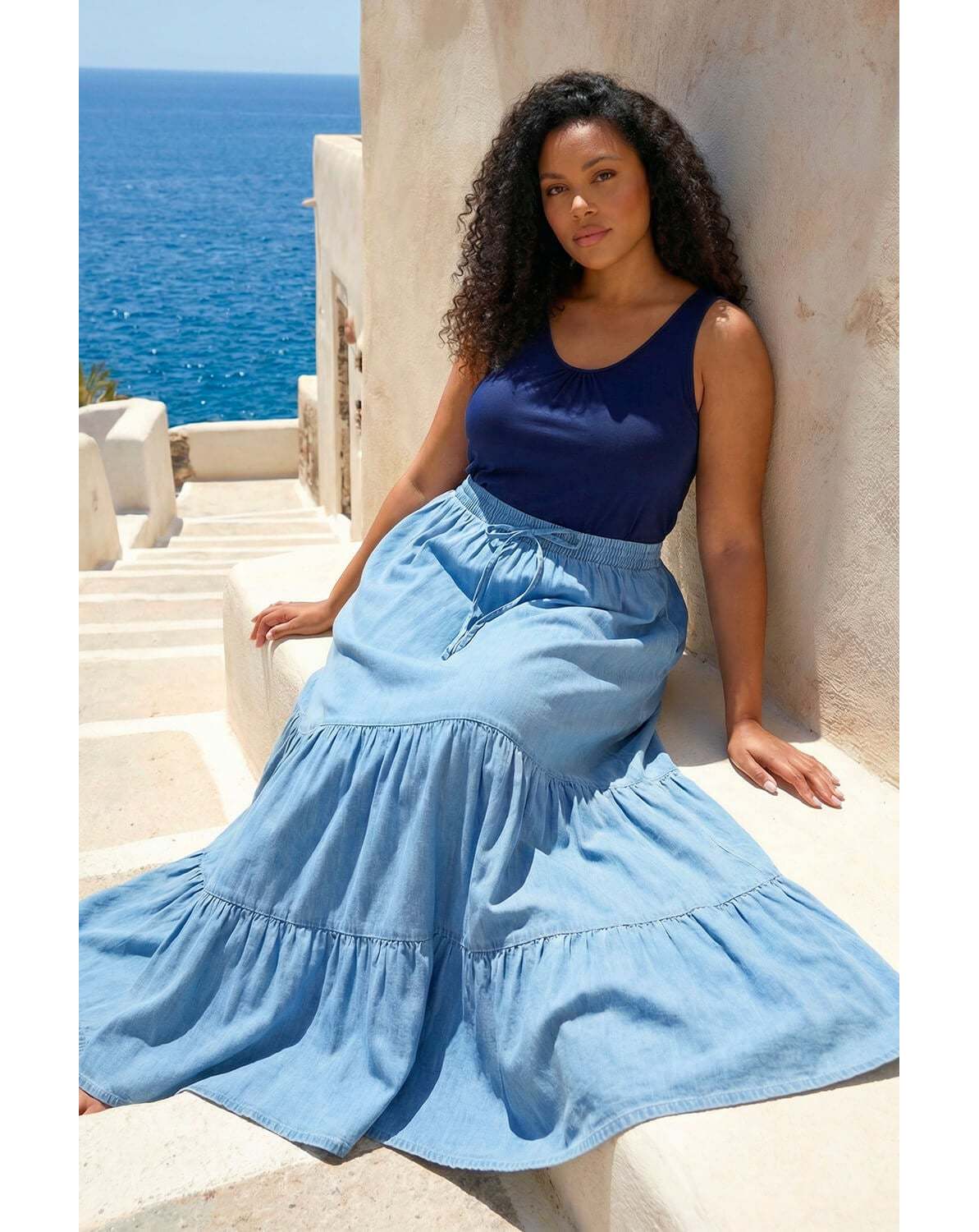 New In - Roman Curve Tiered Woven Maxi Skirt