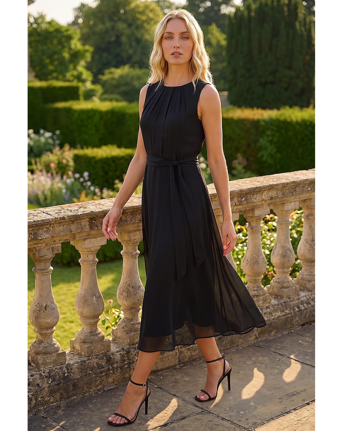 Roman Chiffon Pleat Neck Midi Dress