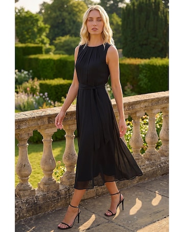 Roman Chiffon Pleat Neck Midi Dress