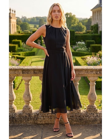 Roman Chiffon Pleat Neck Midi Dress
