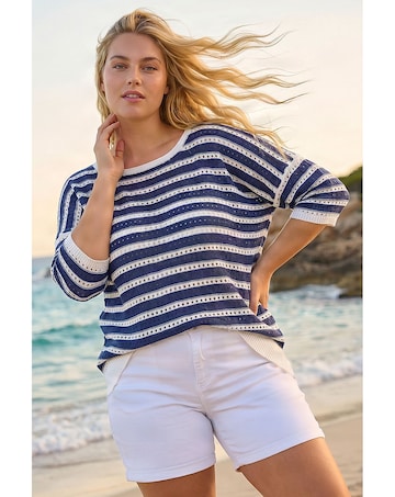 Roman Curve Crochet Stripe Knit Top