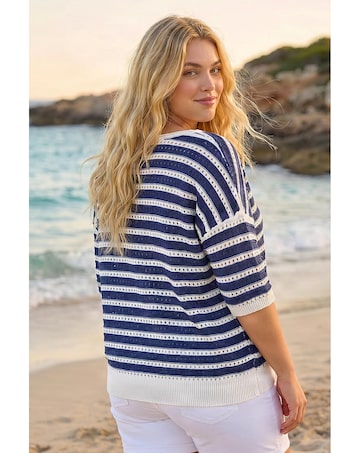 Roman Curve Crochet Stripe Knit Top