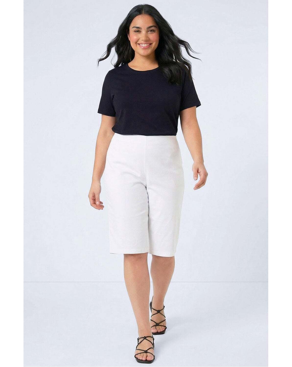 Roman Curve Elastic Waist Knee Shorts - White