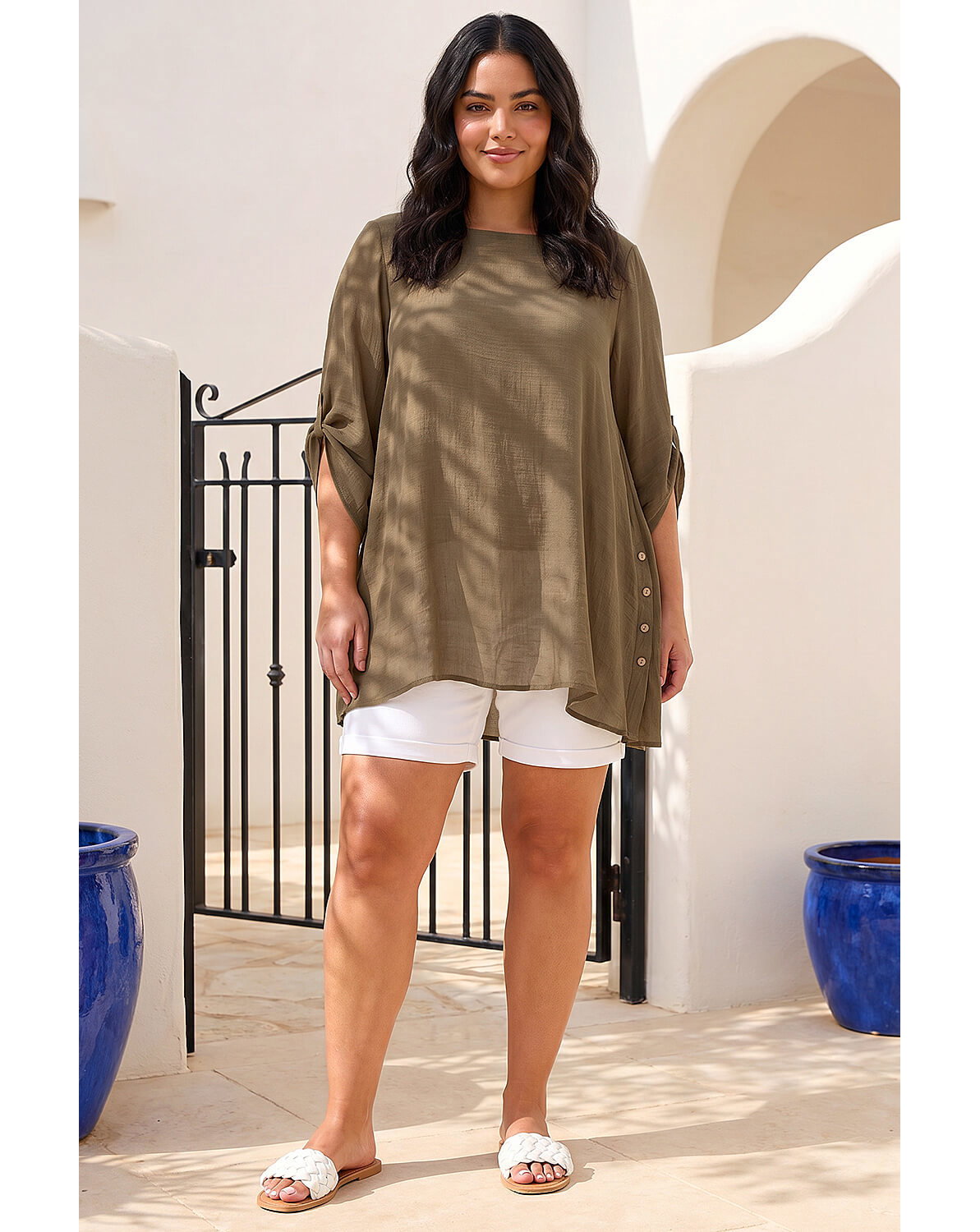 New In - Roman Curve Buttoned Side Asymmetric Top