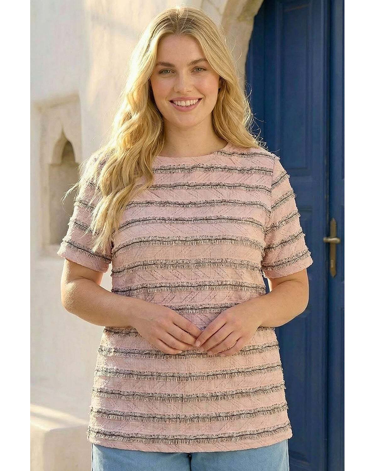 New In - Roman Curve Stripe Frill Lace Top