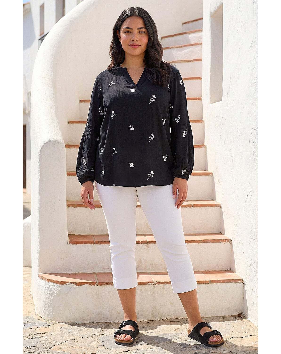 New In - Roman Curve Embroidered Woven Top