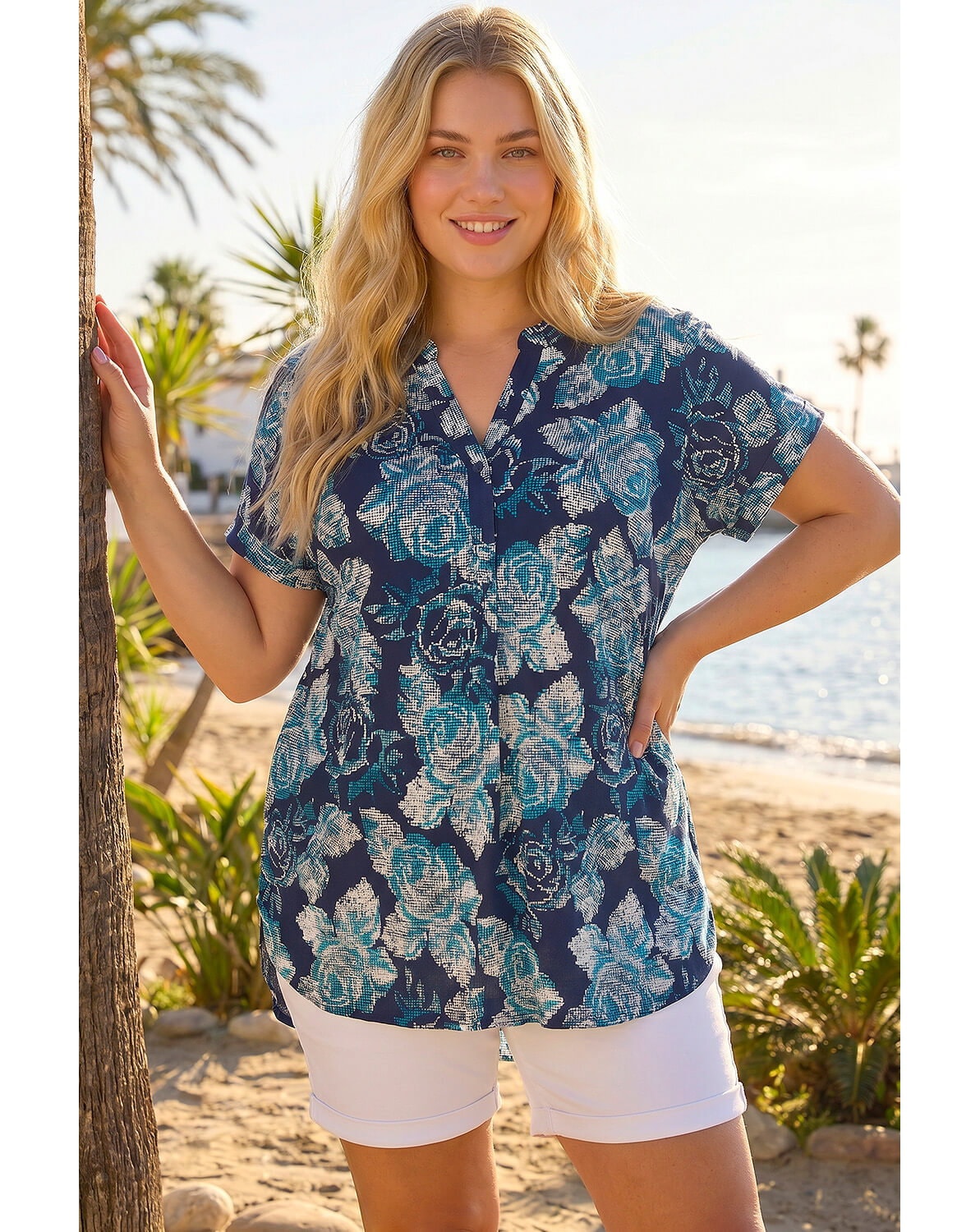 Roman Curve Floral Print Stretch Shirt