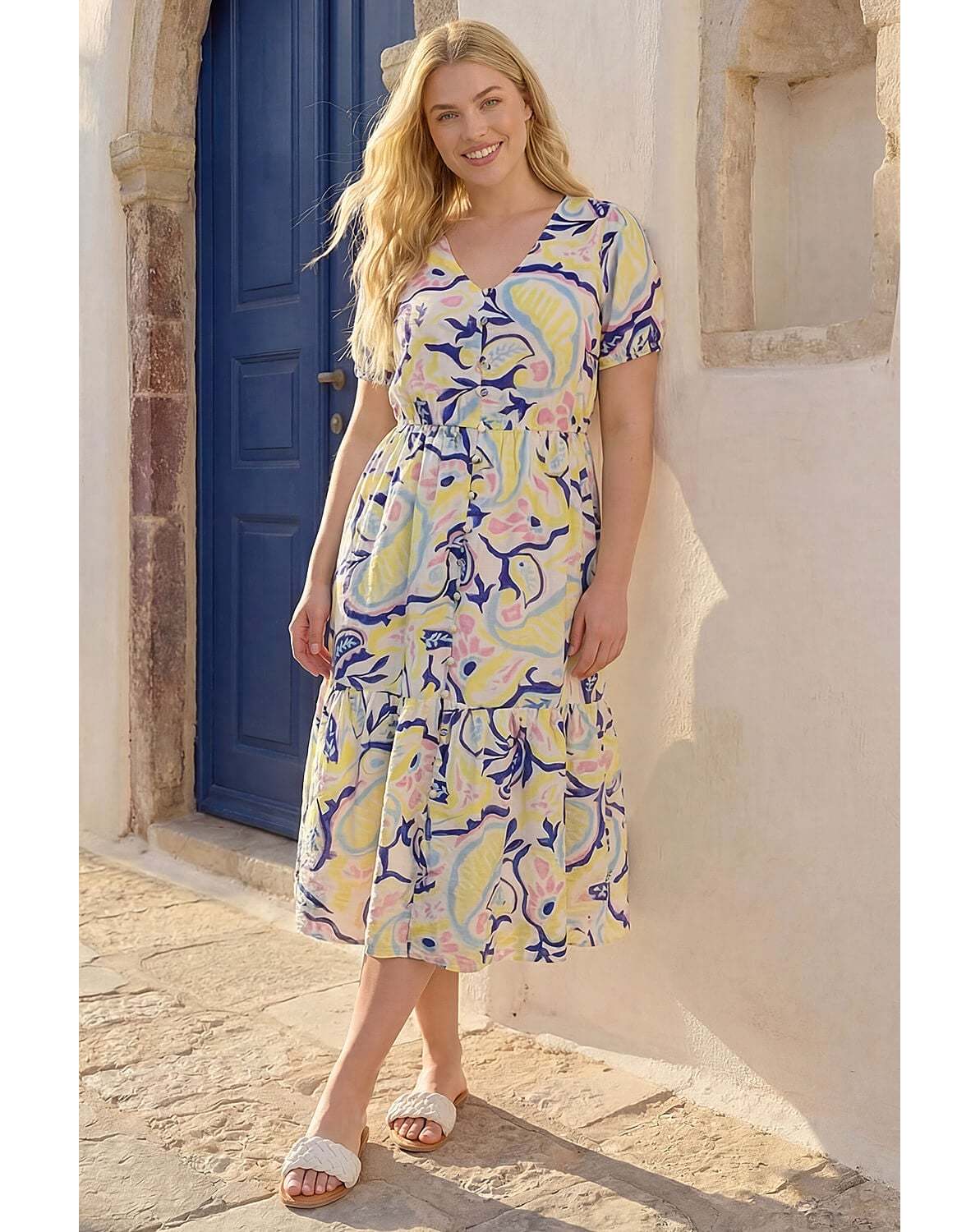 New In - Roman Curve Abstract Print Button Dress