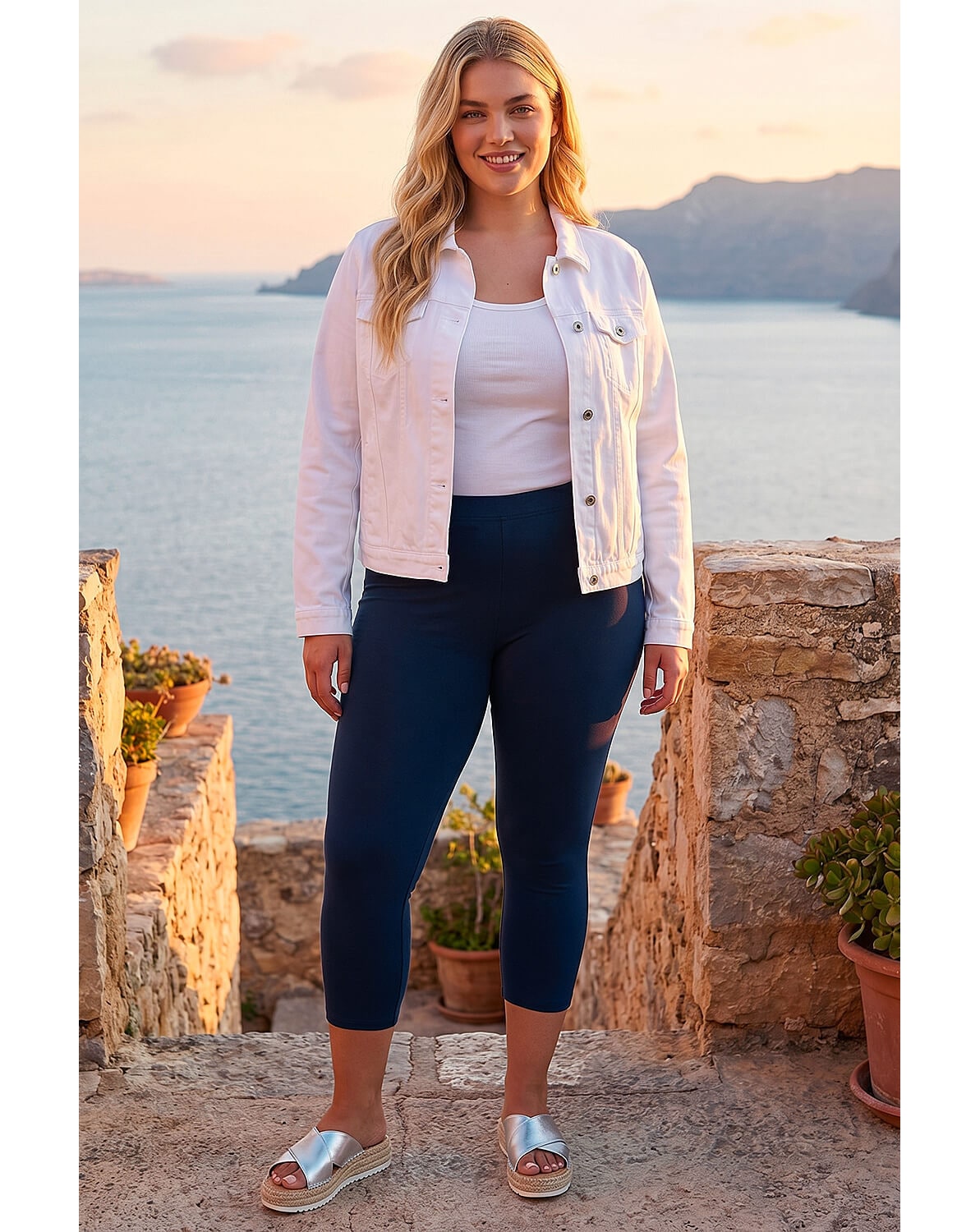 Roman Curve Plain Cropped Leggings - Navy