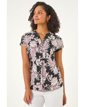 Roman Floral Puff Print Lace Stretch Top