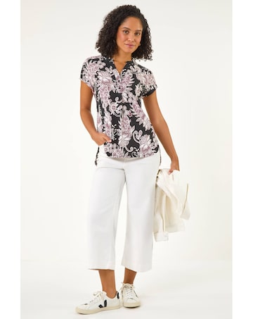 Roman Floral Puff Print Lace Stretch Top