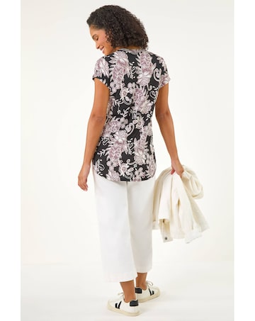 Roman Floral Puff Print Lace Stretch Top