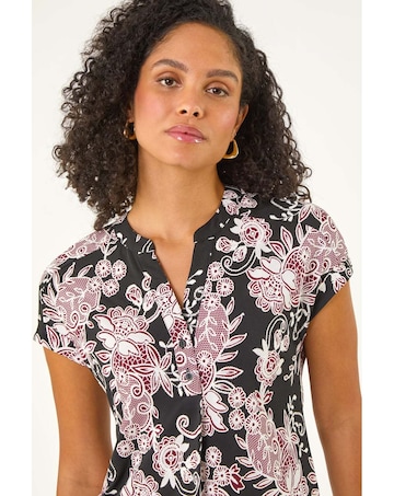 Roman Floral Puff Print Lace Stretch Top