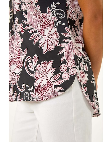 Roman Floral Puff Print Lace Stretch Top
