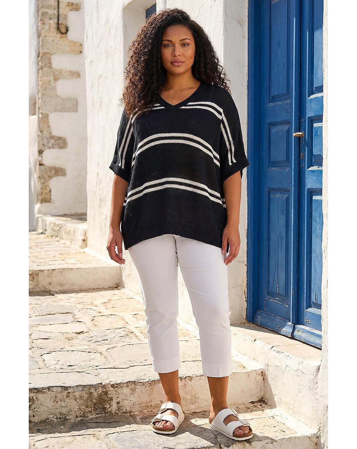 New In - Roman Curve Stripe V-Neck Knit Jumper