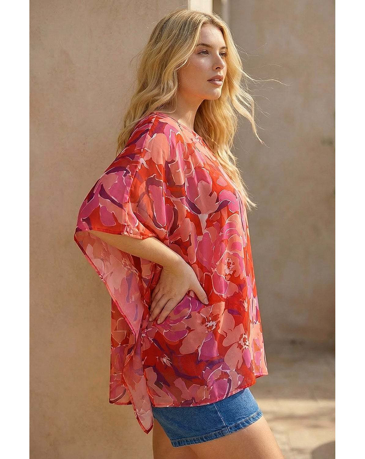 New In - Roman Curve Floral Chiffon Hanky Hem Top