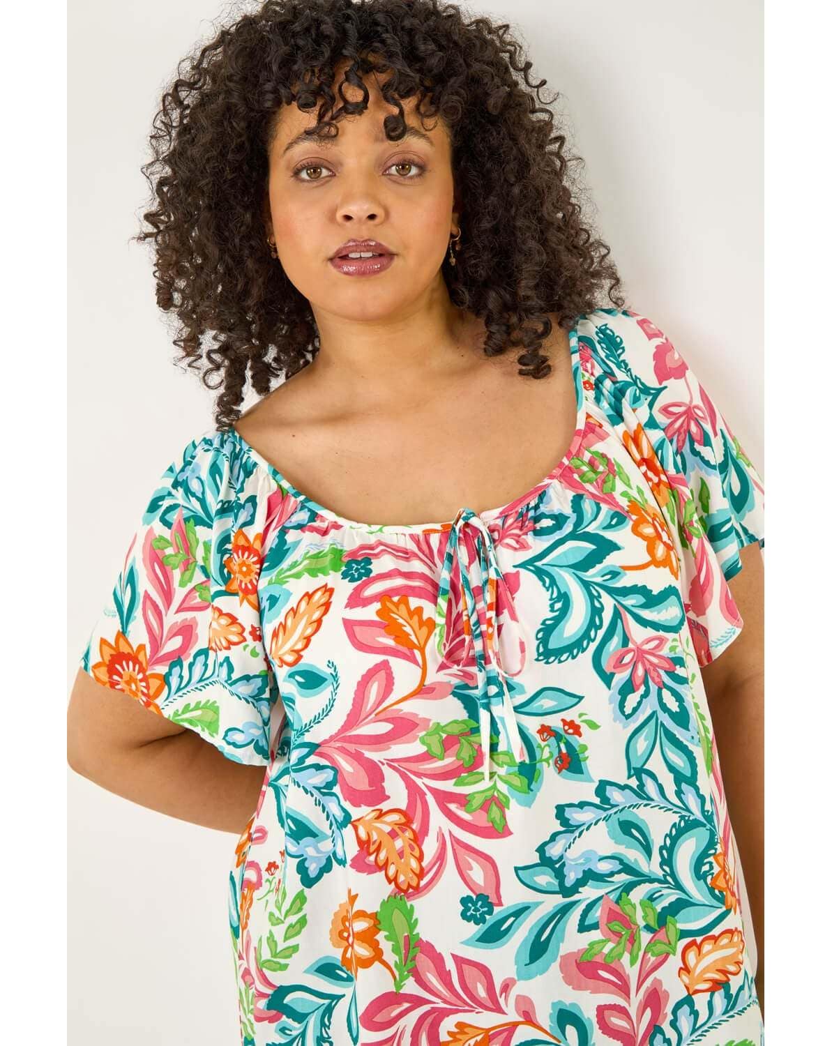 New In - Roman Curve Floral Pom Bardot Top