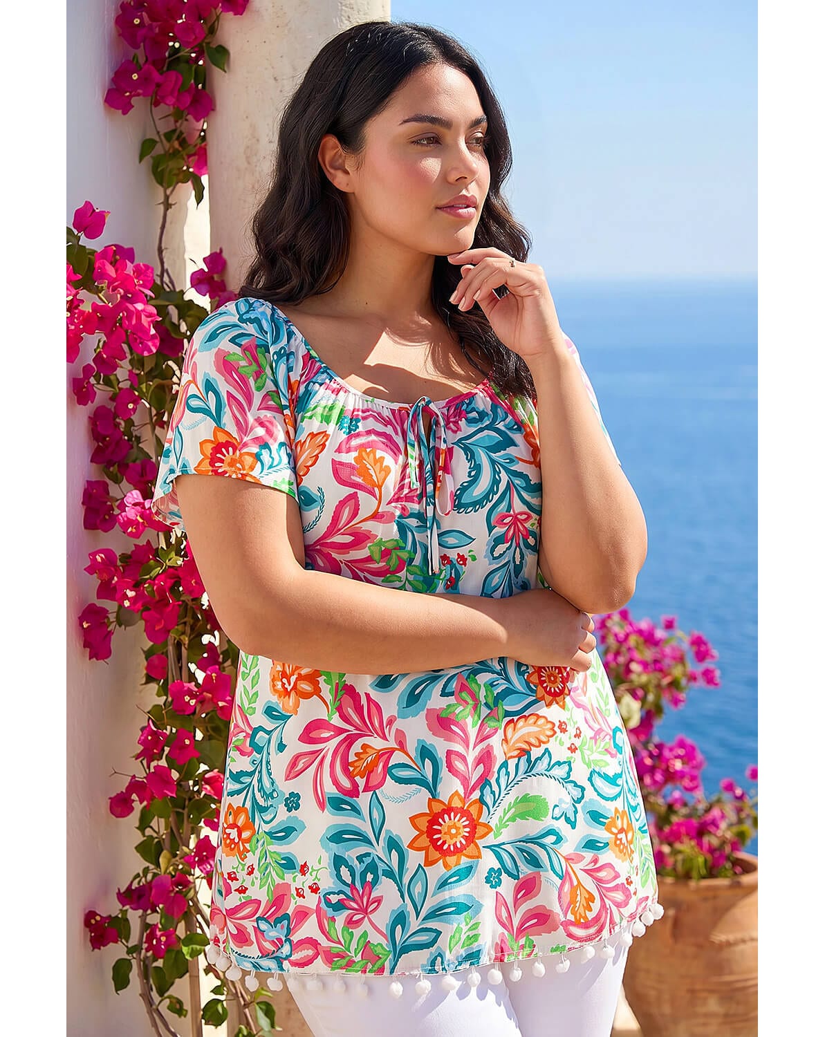 Roman Curve Floral Pom Bardot Top
