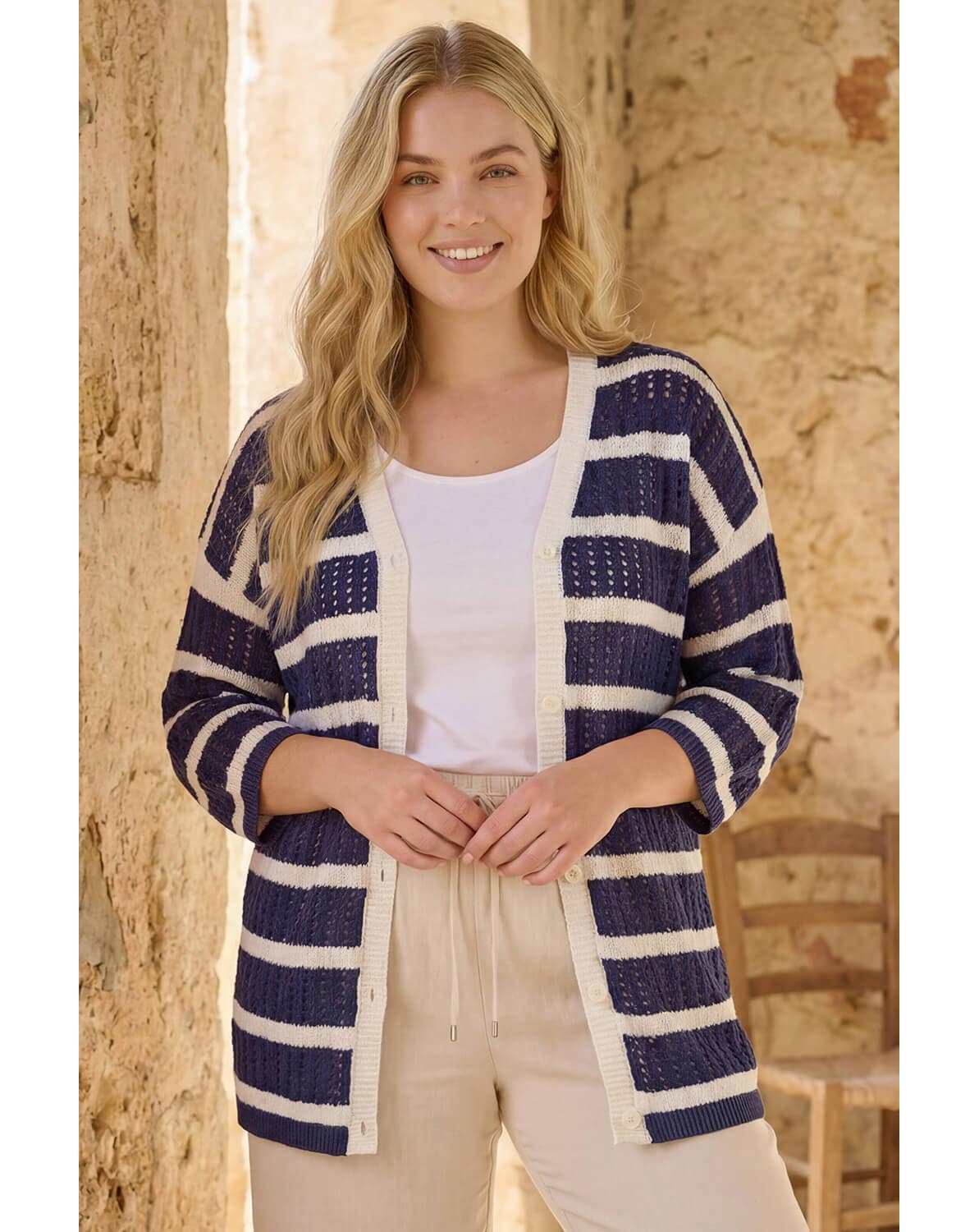 New In - Roman Curve Stripe Crochet Knit Cardigan