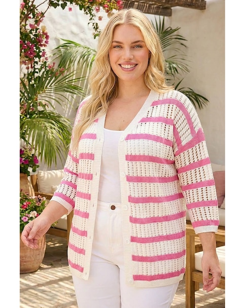 Roman Curve Stripe Crochet Knit Cardigan