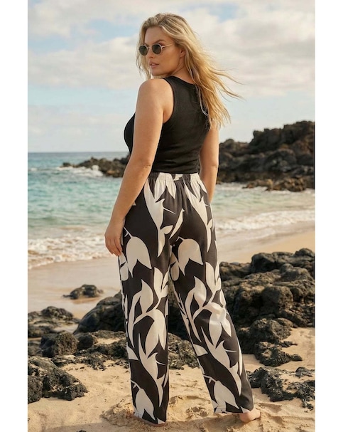 Roman Curve Leaf Print Stretch Trousers