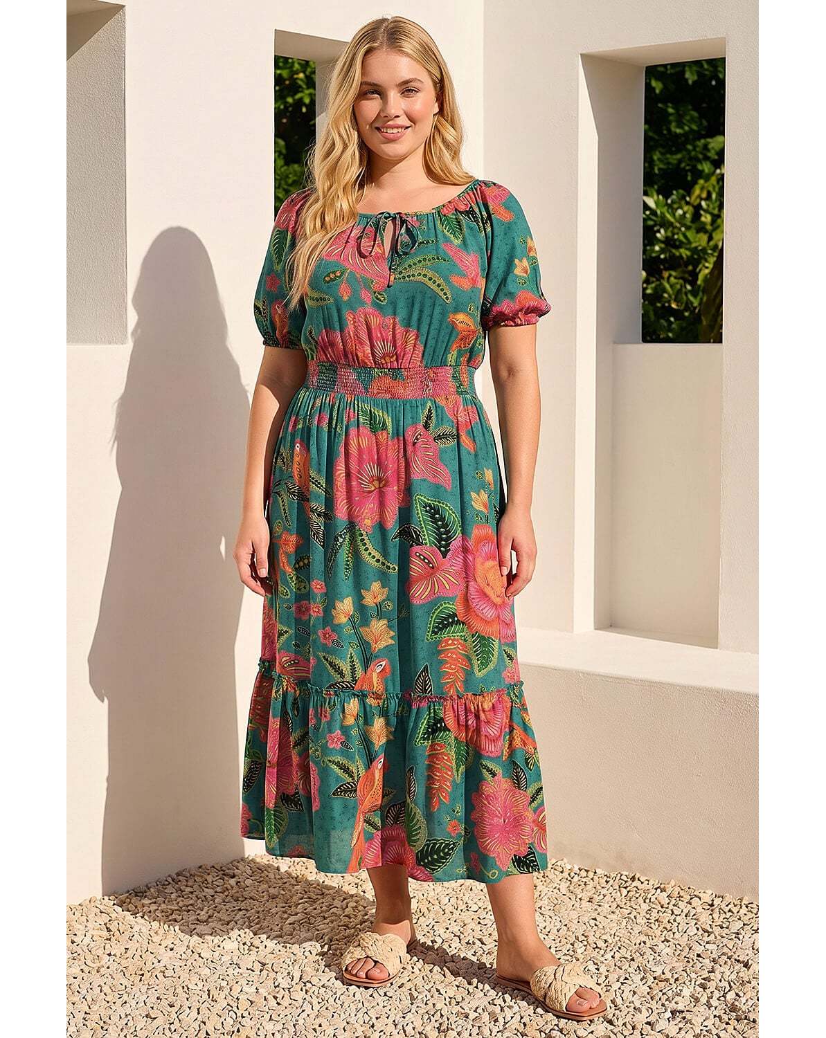 New In - Roman Curve Floral Shirred Waist Dress
