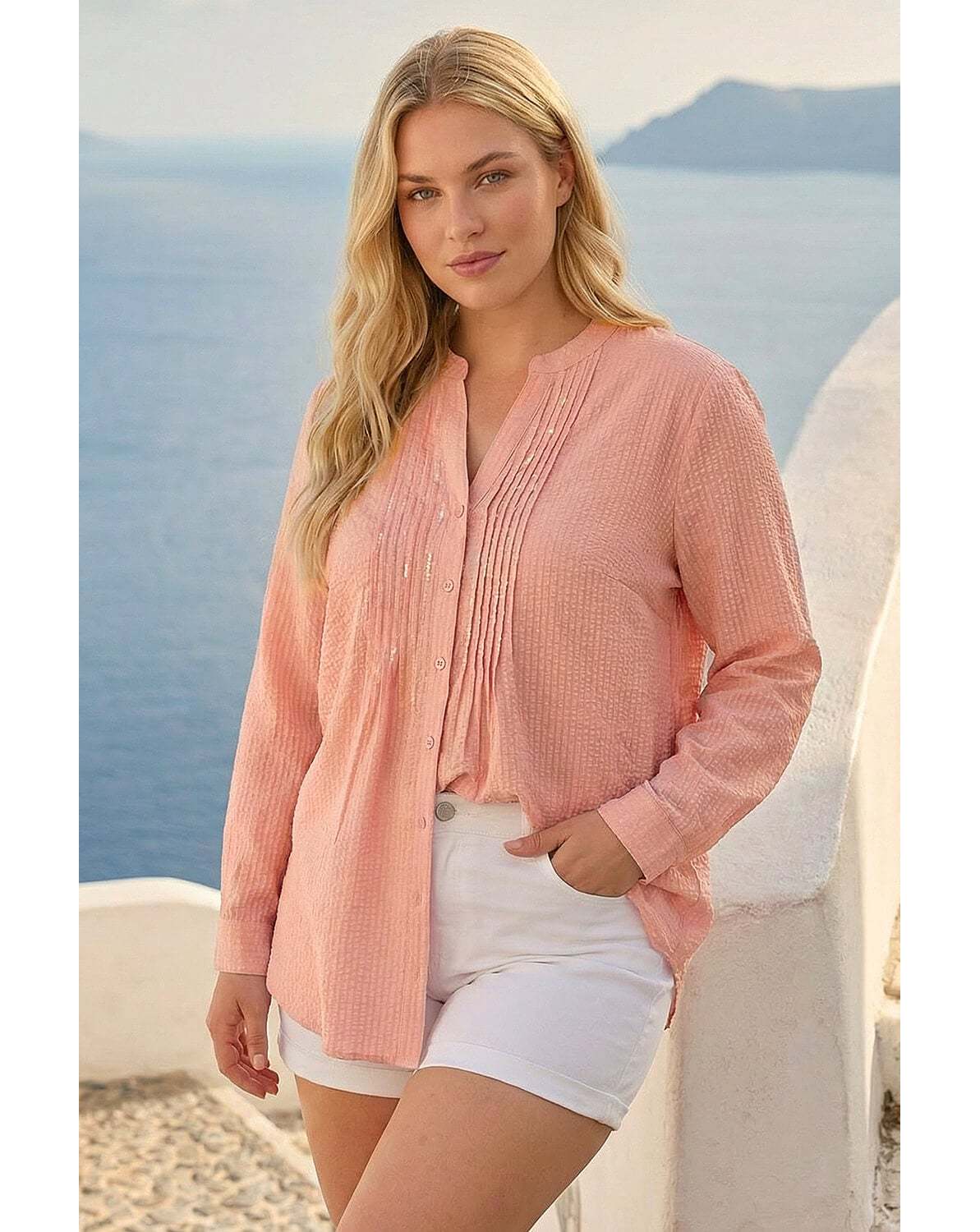New In - Roman Curve Pintuck Sequin Blouse