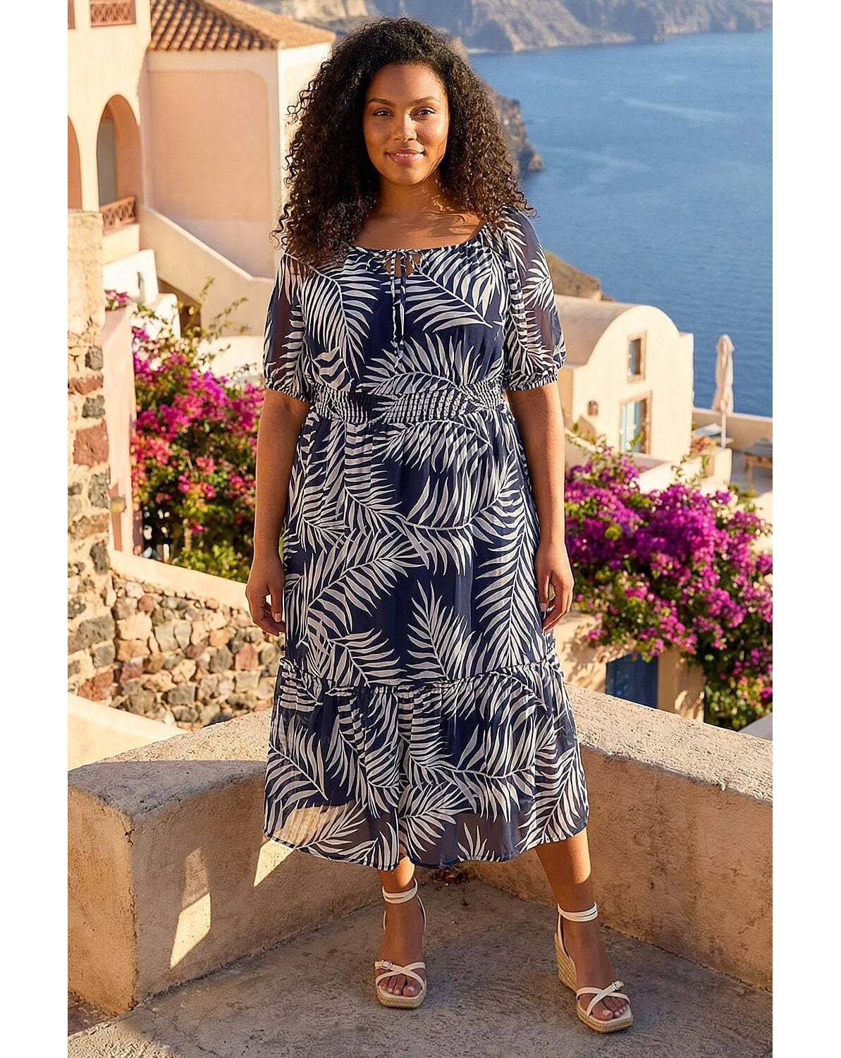 New In - Roman Curve Leaf Tie Neck Midi Dress